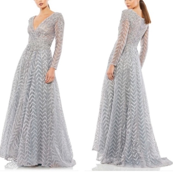 Mac Duggal 20189 Embellished Illusion Long Sleeve Wrap Over A Line Gown -Reemoly